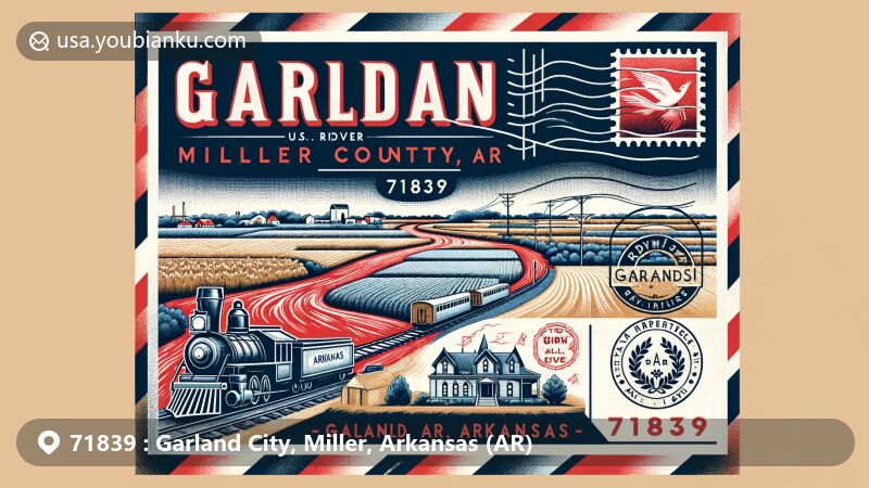 Modern illustration of Garland City, Miller County, Arkansas, resembling an air mail envelope with Red River and Wynn-Price House, highlighting town's heritage, agricultural, and railroad history.