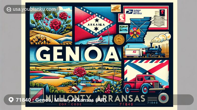 Modern illustration of Genoa, Miller County, Arkansas, featuring postal theme with ZIP code 71840, showcasing state flag, map, and local symbols.