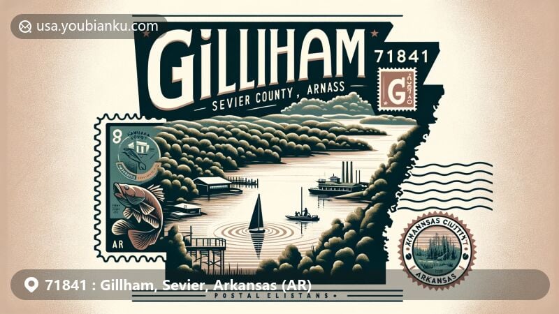 Modern illustration of Gillham, Sevier County, Arkansas, featuring Gillham Lake and a vintage postal theme with Kansas City Southern Railroad stamp, '71841' ZIP code, and antimony and timber symbols.