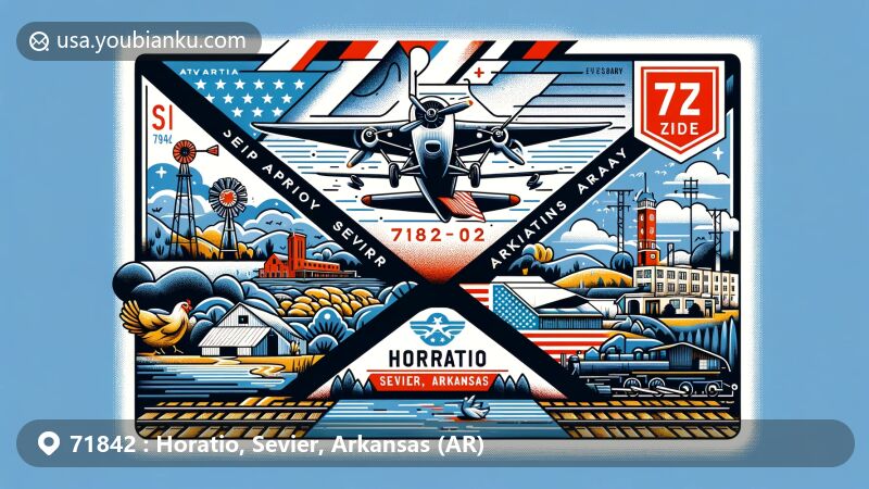 Modern illustration of Horatio, Sevier County, Arkansas, representing ZIP code 71842 with postal and regional motifs, including an aviation-themed envelope, Arkansas state flag, local poultry industry, Sevier County outline, and Kansas City Southern Railway connection.