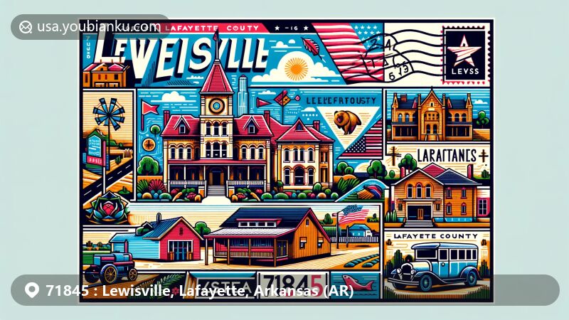 Modern illustration of Lewisville, Lafayette County, Arkansas (AR), capturing the town's history and culture, featuring Caddo heritage, Civil War impact, agriculture, and contemporary life. Includes state symbols, historical buildings like the courthouse and Methodist church, with postal elements like a stamp, postmark, and vintage postal car.