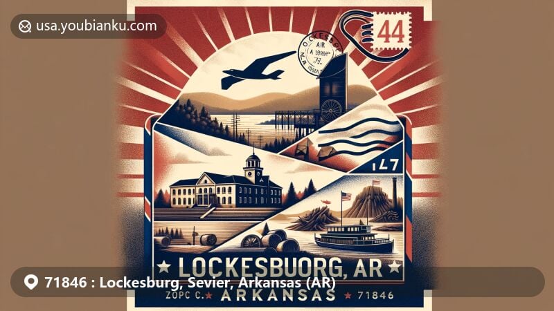 Modern illustration of Lockesburg, Sevier County, Arkansas, featuring a vintage air mail envelope with a stamp showcasing the Arkansas state flag. The artwork includes symbols of local landmarks such as Lockesburg High School Gymnasium, the timber industry, and the Cossatot River.