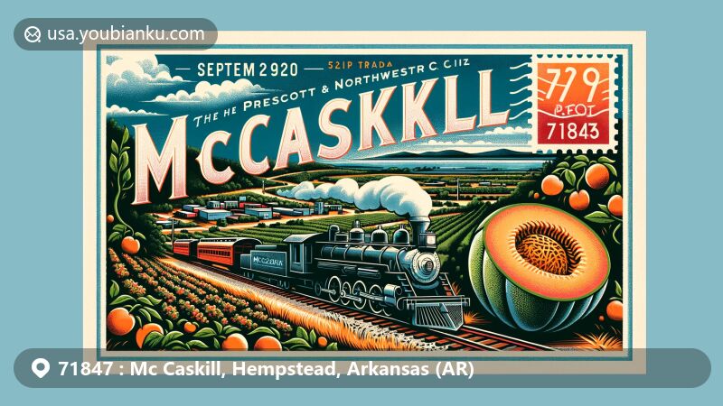 Modern illustration of McCaskill, Arkansas, featuring vintage postcard design with Prescott and Northwestern Railroad, cantaloupe farming imagery, and lush landscapes of Hempstead County.