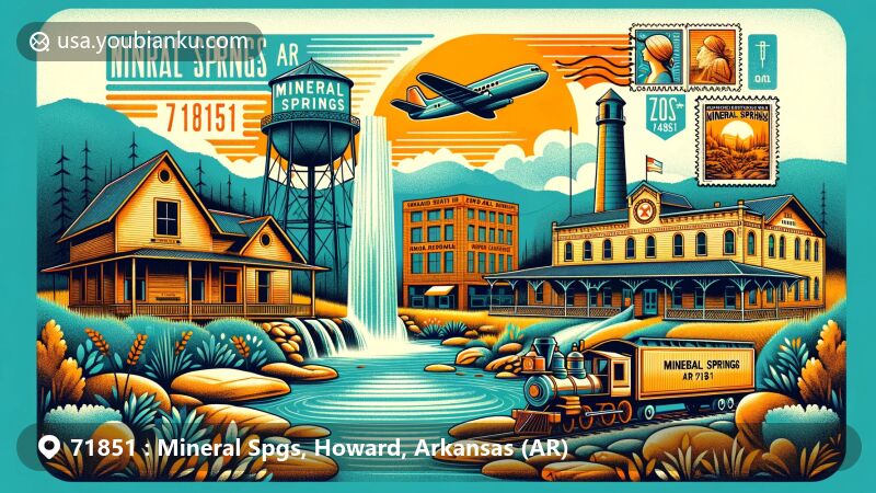 Modern illustration of Mineral Springs, Arkansas, showcasing postal theme with ZIP code 71851, featuring historic railroad depot, waterworks tower, vintage airmail envelope, stamps of local landmarks, and postmark.