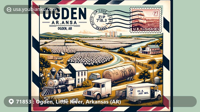 Modern illustration of Ogden, Arkansas, showcasing agricultural heritage and the Red River's natural boundary, with retro air mail envelope, 'ZIP Code 71853, Ogden, AR', old U.S. Highway 71, postal stamps, and subtle postal theme elements.