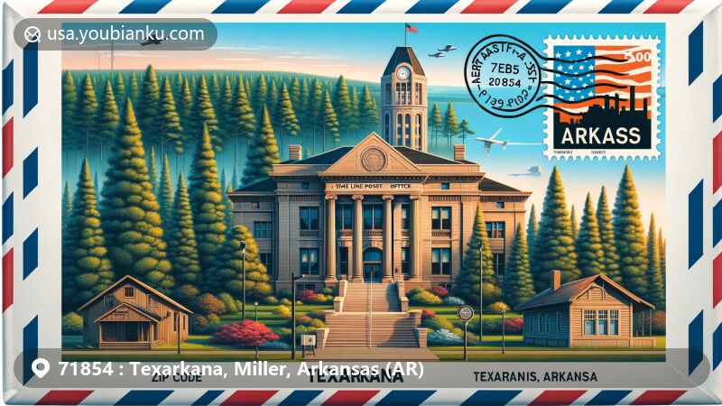 Modern illustration of Texarkana, Arkansas, representing ZIP code 71854 with an air mail envelope design, showcasing the iconic State Line Post Office and Federal Building and P.J. Ahern Home in Classical Revival style, surrounded by Piney Woods landscape and Arkansas state flag stamp.