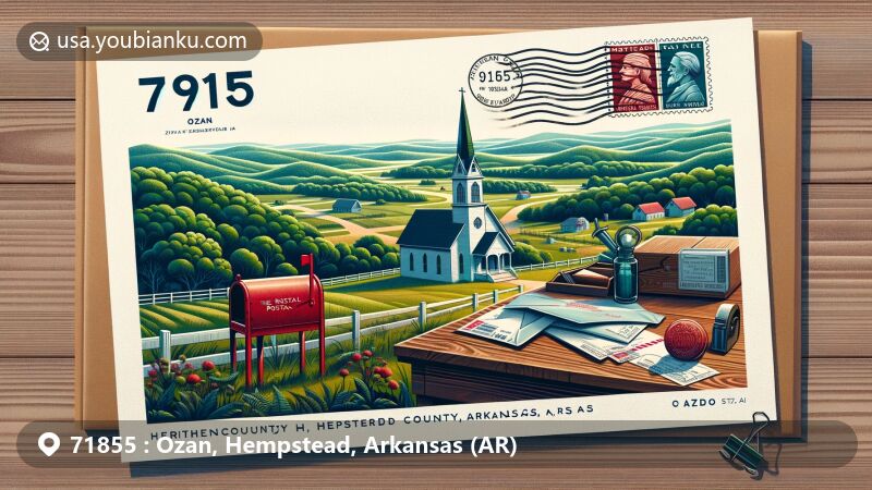 Modern illustration of Ozan, Hempstead County, Arkansas, showcasing postal theme with ZIP code 71855, featuring local geography and history, Methodist church, postal elements, and Caddo mounds.