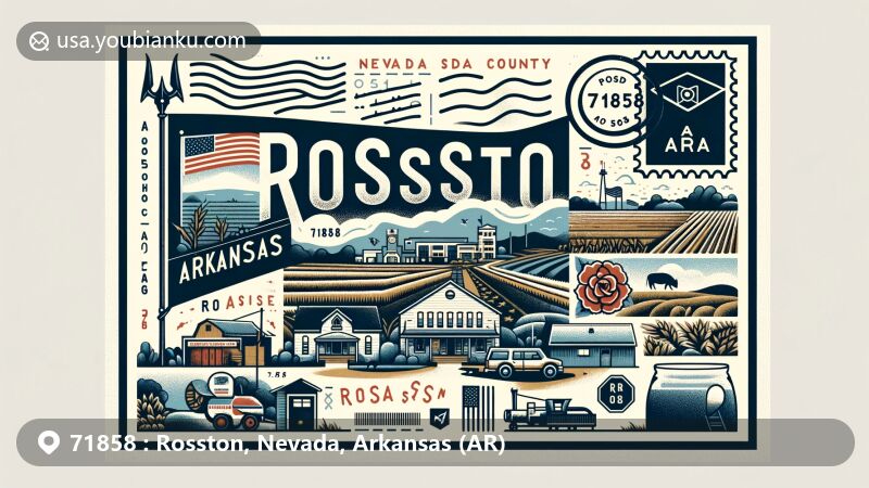 Modern illustration of Rosston, Nevada County, Arkansas, highlighting postal theme with ZIP code 71858, featuring Arkansas state flag, rural landscapes, and community symbols.