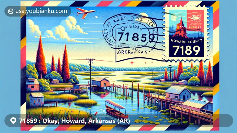 Modern illustration of Okay, Howard County, Arkansas, blending postal theme with Millwood Lake's natural beauty and Okay's industrial history, featuring the 'OK' cement plant remnants and Arkansas state flag.