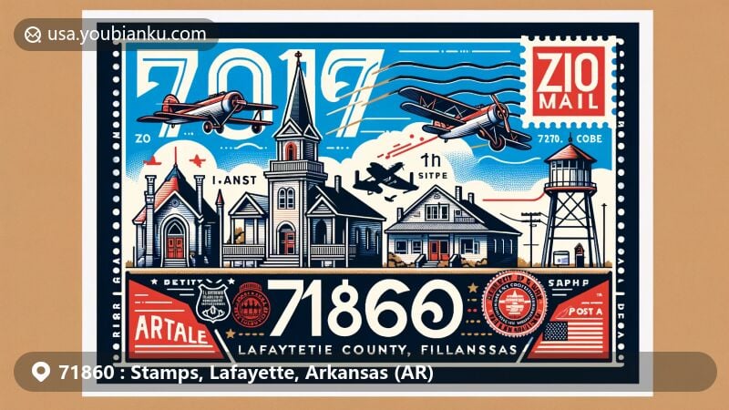 Modern illustration of Stamps, Lafayette County, Arkansas, featuring vintage air mail envelope, First Presbyterian Church, Gulf Oil Company Filling Station, Arkansas state flag, postage stamp, postmark, and ZIP Code 71860.
