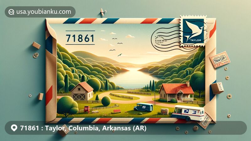 Modern illustration of Taylor, Columbia County, Arkansas, featuring zip code 71861, showcasing the serene Lake Erling surrounded by lush greenery, with a postal theme of airmail envelope, mailbox, and mail van.