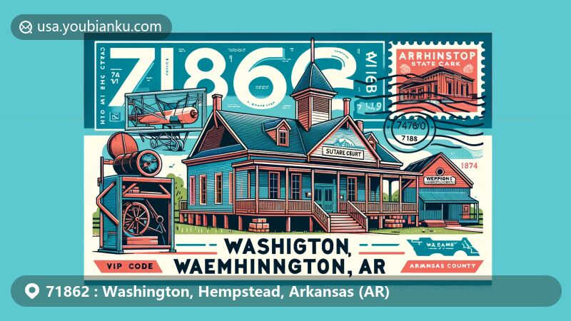 Modern illustration of Washington, Hempstead County, Arkansas, featuring Historic Washington State Park structures like the 1874 Courthouse, blacksmith shop, and weapons museum, along with Hempstead County outline and Arkansas state flag.