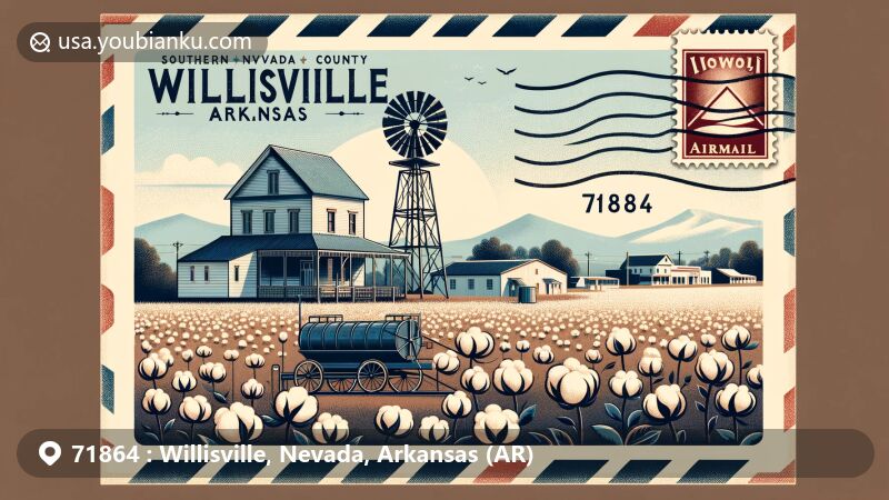 Vintage-style illustration of Willisville, Arkansas, blending postal elements with local rural beauty and agricultural history, featuring cotton farming symbols and airmail design.