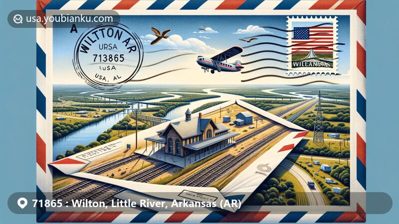 Modern illustration of a symbolic train station inside an open airmail envelope, representing Wilton, AR, with railroad tracks extending from it. Background showcases the typical Southern landscape of Little River County. Stamp with Arkansas state flag design and ZIP code 71865. Postmark with date and 'USA'. Bright colors and rich details highlight regional characteristics and postal elements.