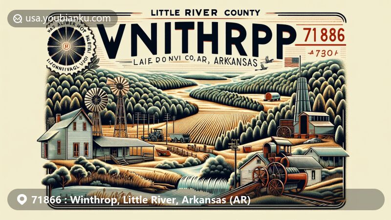 Modern illustration of Winthrop, Little River County, Arkansas, highlighting postal theme with ZIP code 71866, featuring local landmarks like the Little River Golf Club, forests, farmlands, and historical symbols of past sawmills or cotton factories, embodying the town's agricultural and lumber heritage.