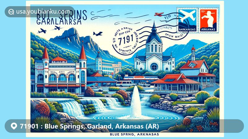 Modern illustration of Blue Springs, Garland, Arkansas, highlighting postal theme with ZIP code 71901, showcasing Hot Springs National Park, Bathhouse Row, Anthony Chapel, and Ouachita Mountains.