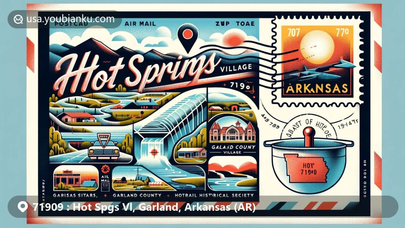 Modern illustration of Hot Springs Village, Garland County, Arkansas, capturing postal theme with ZIP code 71909, showcasing diverse topography ranging from 479 ft to 1280 ft in a stylized map format, inspired by historical relics and Garland County's rich culture.