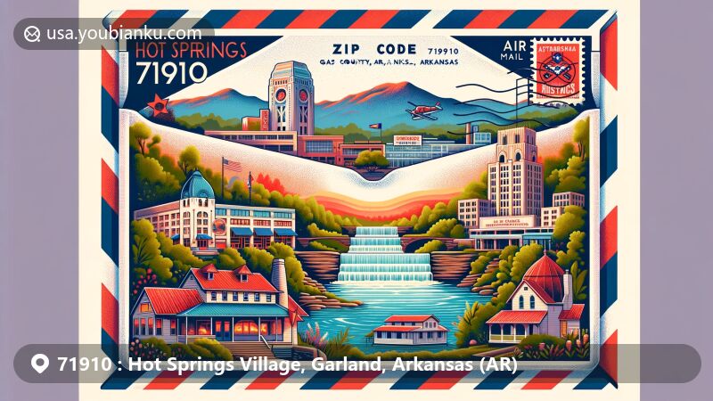 Illustration of Hot Springs Village, Garland County, Arkansas, showcasing key landmarks like Hot Springs Mountain Tower, Lake Ouachita, and Bathhouse Row, within an open mail envelope. Featuring Mid-America Science Museum and Ouachita National Forest, accented with Arkansas state flag and Garland County outline.