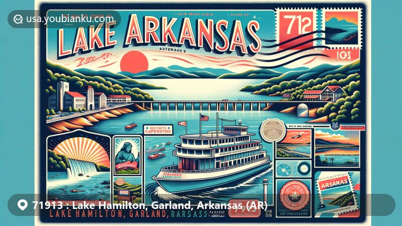 Modern illustration of Lake Hamilton, Garland, Arkansas, portraying scenic beauty and local attractions, with focus on Carpenter Dam, Belle of Hot Springs riverboat, and Arkansas state symbols, in a postal-themed design highlighting ZIP code 71913.