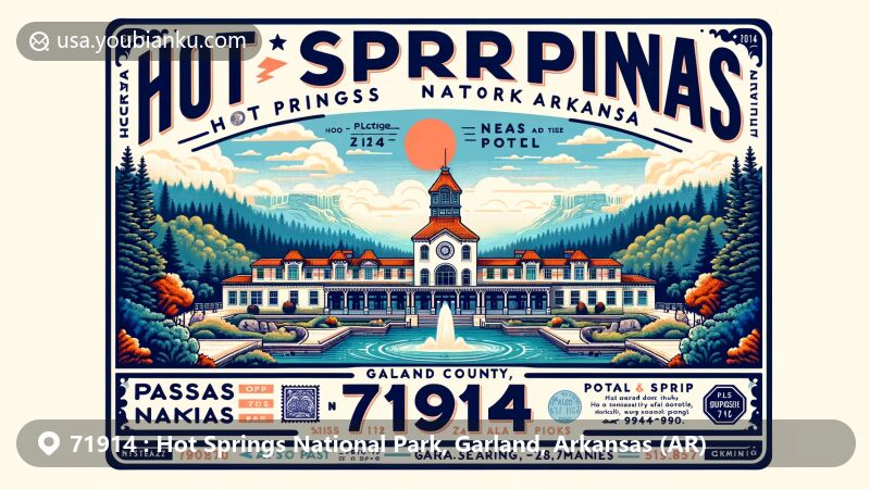 Modern illustration of Hot Springs National Park, Garland County, Arkansas, featuring postal-themed frame with ZIP code 71914, showcasing Bathhouse Row, thermal springs, forested hikes, and mountain views.