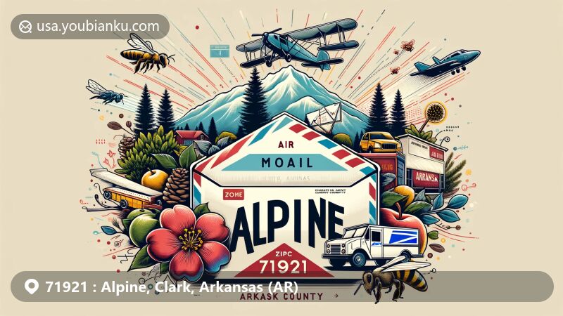 Modern illustration of Alpine, Arkansas, showcasing postal theme with ZIP code 71921, featuring vintage air mail envelope and region's history and natural beauty.