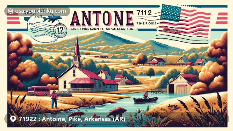 Modern illustration of Antoine, Arkansas, showcasing postal theme with ZIP code 71922, featuring Antoine River, farmland, and mountain range.
