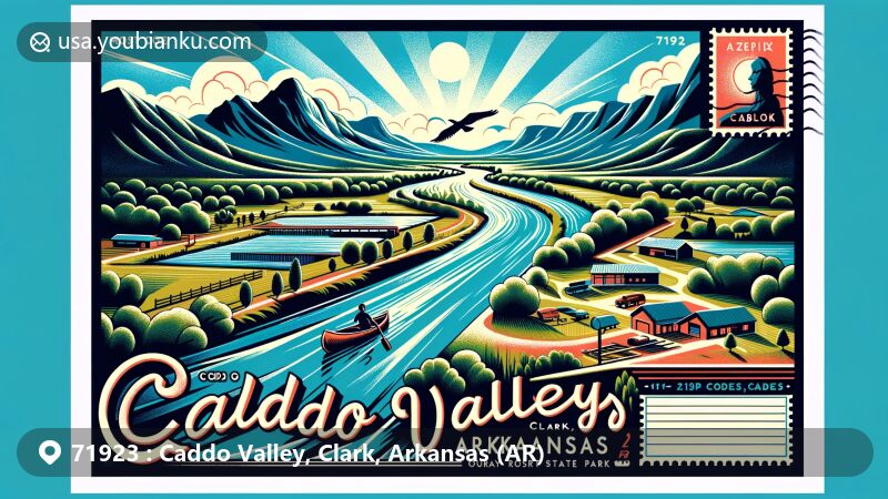Modern illustration of Caddo Valley, Clark County, Arkansas, emphasizing postal theme with ZIP code 71923, featuring Caddo and Ouachita rivers, DeGray Lake Resort State Park, Ouachita Mountains, and Gulf Coastal Plain.