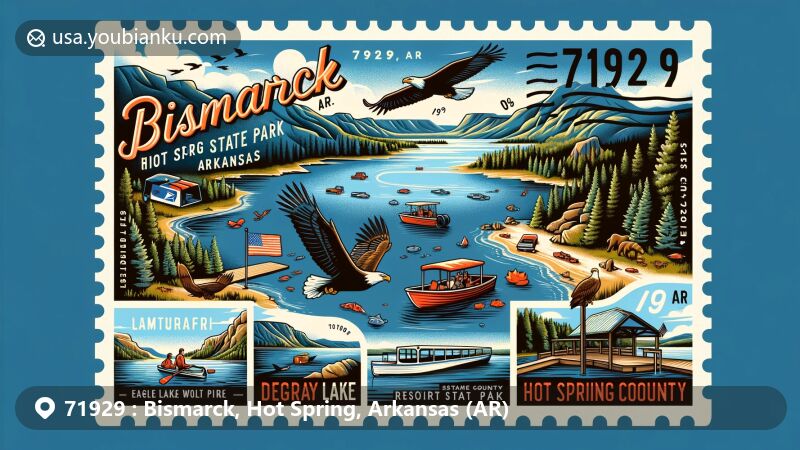 Modern illustration of Bismarck, Hot Spring County, Arkansas, capturing ZIP code 71929 and featuring DeGray Lake Resort State Park, showcasing boating, fishing, hiking, and eagle tours.