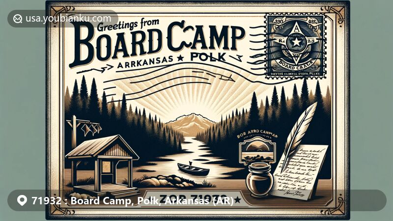 Modern illustration of Board Camp, Polk County, Arkansas, featuring vintage postcard design with lush forest landscape, Board Camp Creek, and Ouachita Mountains silhouette, including Arkansas outline with star marking Board Camp location and postal communication elements.