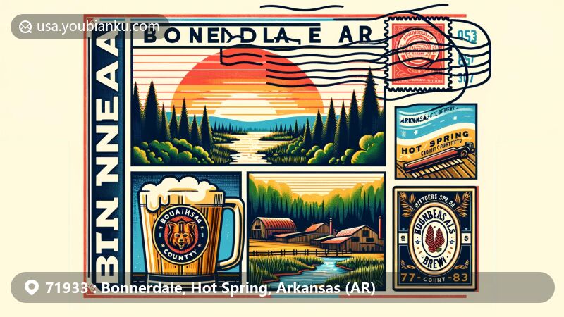 Modern illustration of Bonnerdale, Hot Spring County, Arkansas, capturing serene rural landscape with lush forests and a clear sky, showcasing proximity to Ouachita National Forest and timber production heritage. Includes outline of Hot Spring County and representation of local brewery Bubba Brew's, with vintage postage stamp featuring Arkansas state flag and postal elements like '71933 Bonnerdale, AR' marking and envelope edge.