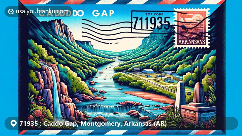 Modern illustration of Caddo Gap, Montgomery County, Arkansas, depicting the natural beauty of Ouachita Mountains and Caddo River, featuring Crooked Creek Falls and a historic monument, with a vintage airmail envelope highlighting ZIP code 71935.