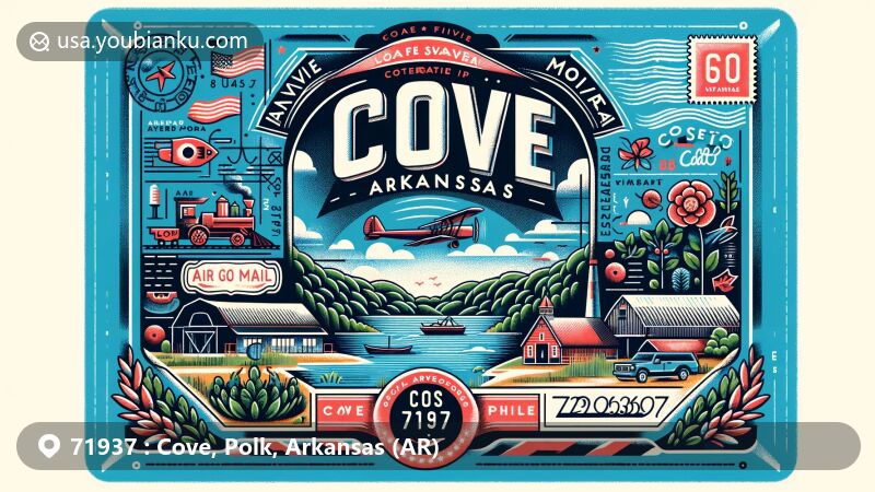 Modern illustration of Cove, Arkansas, showcasing air mail envelope theme with Ouachita Mountains, local flora, and community symbols, including Arkansas flag and Van-Cove High School, part of Cossatot River School District.