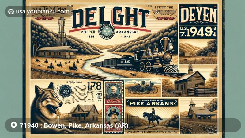 Modern illustration of the Bowen area, Pike County, Arkansas, combining history, natural landscape, and postal features. Wolf Creek background, historical references to early settlers and Quapaw Indians, railroad symbolism, 'Delight' town name integration, vintage postcard layout with Arkansas state flag stamp and ZIP code 71940.