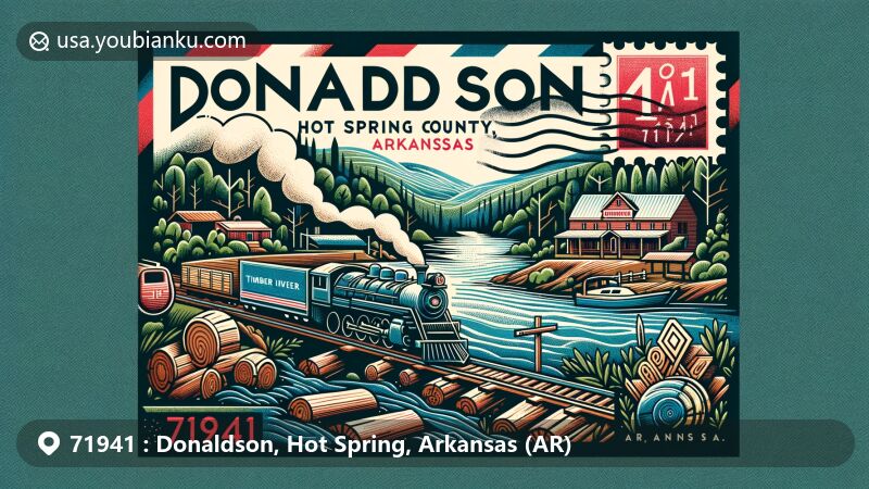 Modern illustration of Donaldson, Hot Spring County, Arkansas, portraying natural beauty with Ouachita River, honoring timber industry heritage, nod to railroad history, featuring Arkansas state flag, and postal elements with ZIP code 71941.