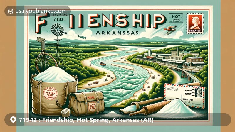 Modern illustration of Friendship, Hot Spring County, Arkansas, showcasing postal theme with ZIP code 71942, featuring Ouachita River elements and historical reference to salt production during the Civil War era.