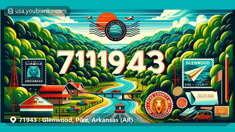 Creative illustration of Glenwood, Pike County, Arkansas, showcasing scenic Caddo River and Ouachita Mountains, along with Pike County Fair, vintage air mail theme, and ZIP code 71943 and state abbreviation AR.