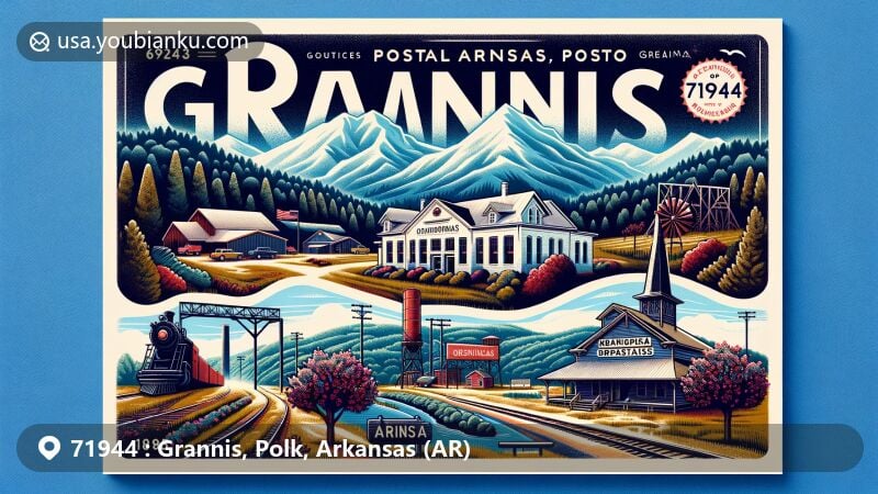 Artistic illustration of Grannis, Polk County, Arkansas, showcasing postal theme with ZIP code 71944, featuring Ouachita Mountains and historical sawmill, along with apple and peach orchard.