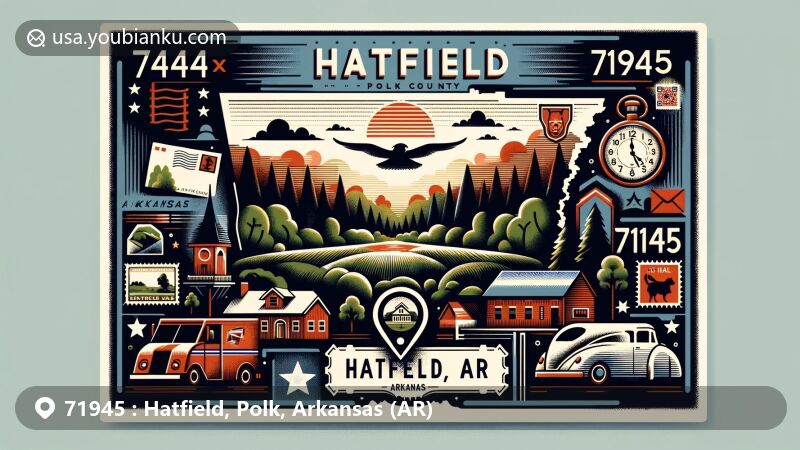 Modern illustration of Hatfield, Polk County, Arkansas, blending geographical and postal themes with elements like vintage postcards, stamps, and a postmark for ZIP code 71945, featuring the natural beauty of Arkansas.