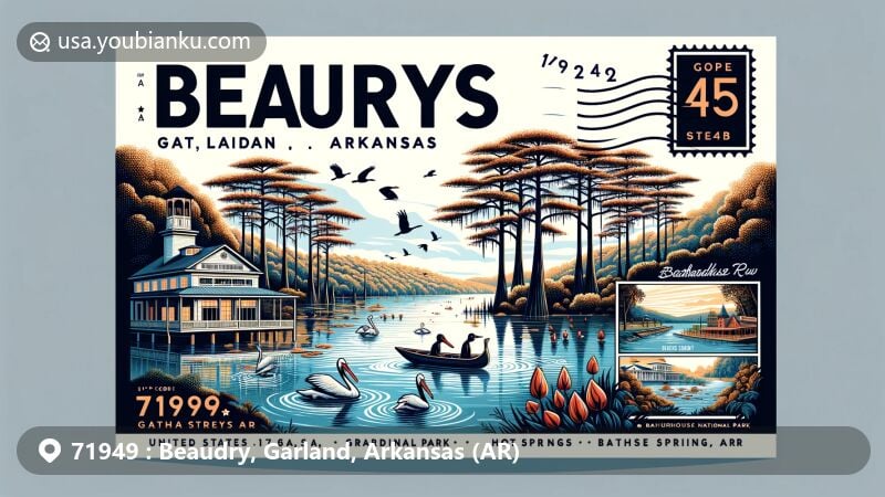 Modern illustration of Beaudry, Garland County, Arkansas, showcasing iconic elements like Lake Ouachita and Bird Island, surrounded by Ouachita National Forest, with a nod to Hot Springs National Park.