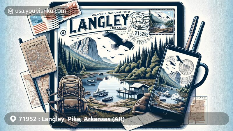 Modern illustration of Ouachita National Forest, Eagle Rock Loop Trail in Langley, Arkansas, blending natural beauty with postal elements like vintage postcard featuring 'Langley, AR 71952' postmark.