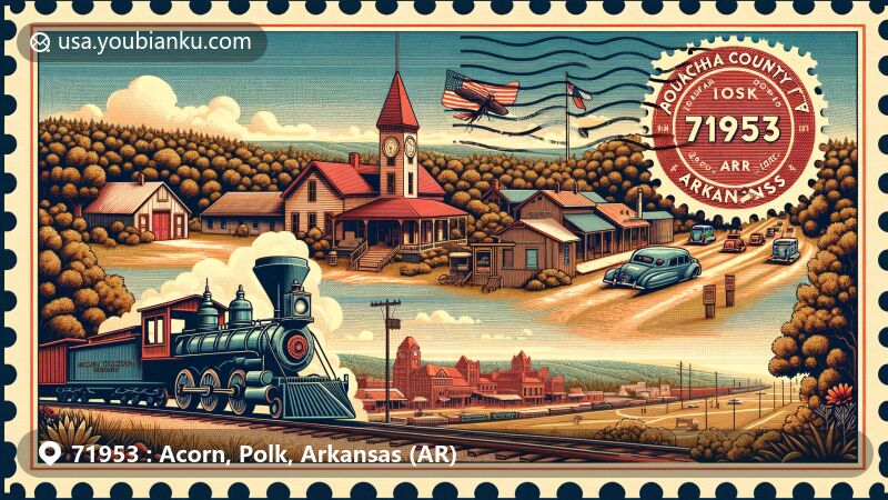 Modern illustration of the Acorn area in Polk County, Arkansas, showcasing Ouachita National Forest, the historic Acorn community with post office, and landmarks in Mena, including Kansas City Southern Railroad and Janssen Park.