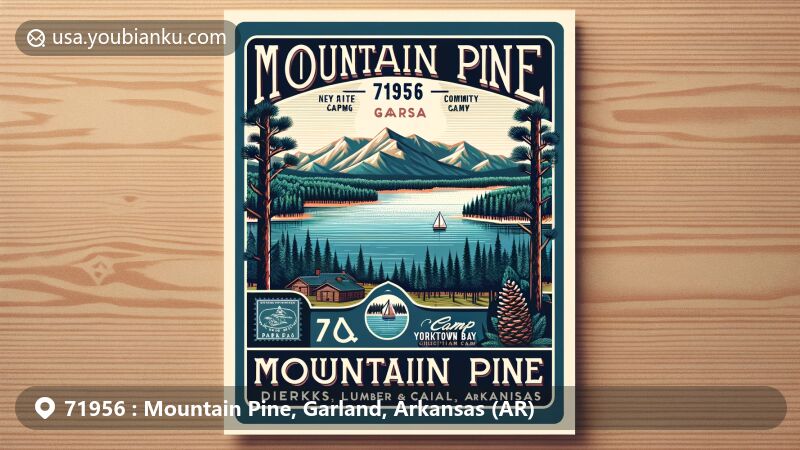 Modern illustration of Mountain Pine, Arkansas, representing postal theme with ZIP code 71956, featuring tranquil Lake Ouachita, Dierks Lumber and Coal Company's historic town mill, and outdoor activities at Camp Yorktown Bay.
