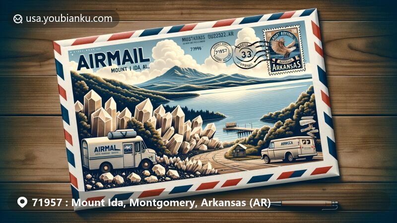 Modern illustration of Mount Ida, Arkansas, emphasizing quartz crystal capital status, featuring Lake Ouachita, vintage mailbox, and classic mail van.