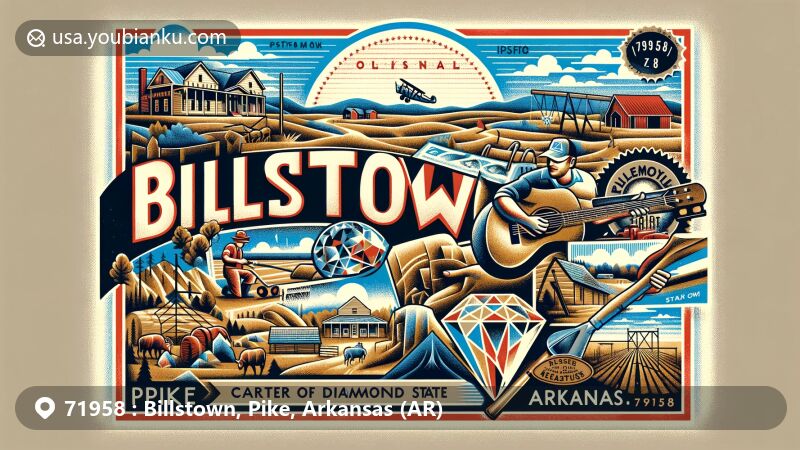 Modern illustration of Billstown, Pike County, Arkansas, blending cultural and natural landmarks with postal theme, featuring ZIP code 71958, including Crater of Diamonds State Park, Glen Campbell tribute, and rural Arkansas elements.
