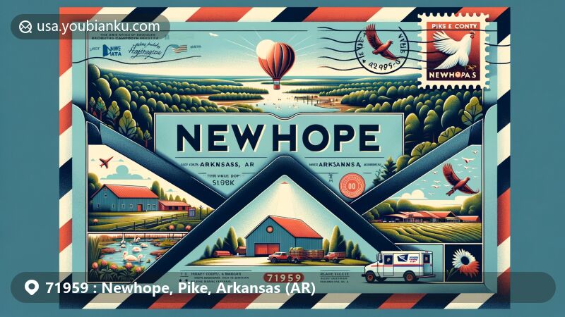 Modern illustration of Newhope, Arkansas, showcasing postal theme with ZIP code 71959, featuring Pike County's lush landscapes and local landmarks like Star of the West Recreation Area and Campground and Highway 70 Landing & Marina on Lake Greeson.