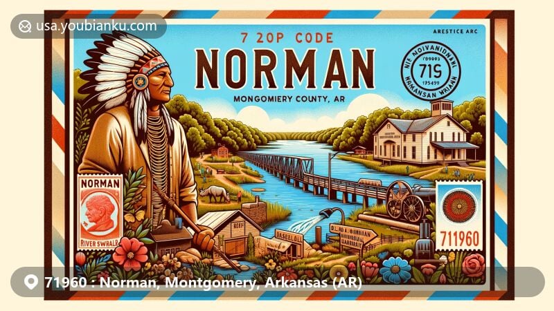 Modern depiction of Norman, Montgomery County, Arkansas, showcasing Caddo Indian Memorial & River Walk with a stylized trail and wildflower garden, Old Norman High School, Arkansas landscape, and postal elements.