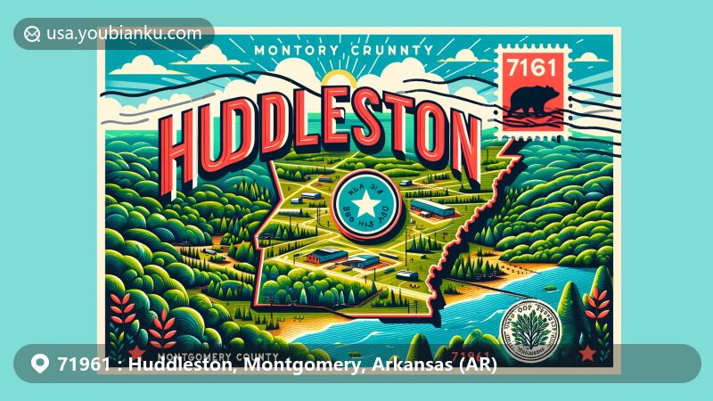 Modern illustration of Huddleston, Montgomery County, Arkansas, showcasing a postcard design with lush green landscapes and Ouachita National Forest to represent the natural beauty, designed in a bright, welcoming style suitable for a webpage.