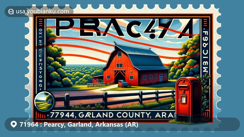 Modern illustration of Pearcy, Garland County, Arkansas, capturing postal theme for ZIP code 71964, showcasing the iconic Barn at Lost Creek amidst natural beauty.
