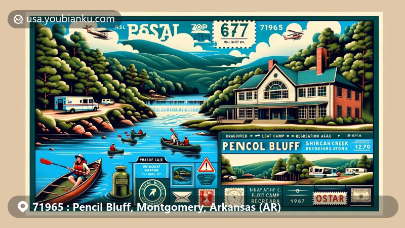 Vibrant illustration of Pencil Bluff, Montgomery County, Arkansas, capturing the essence of ZIP code 71965 with Ouachita National Forest, outdoor activities, and vintage post office.