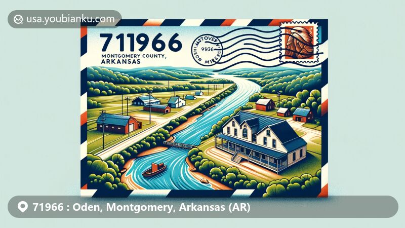 Modern illustration of Oden, Montgomery County, Arkansas, featuring postal theme with ZIP code 71966, highlighting Ouachita River, rural community charm, and historical significance.